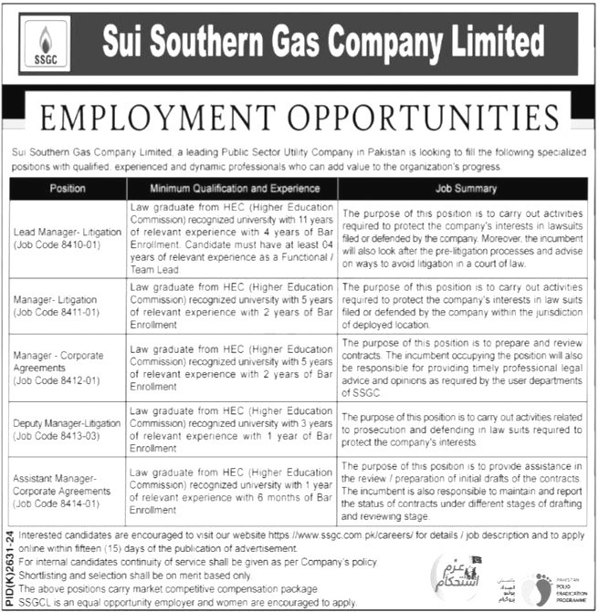 SUI Southern Gas Company Limited Jobs In Pakistan For 2025
