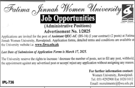 FJWU At Rawalpindi Assistant QEC Jobs For 2025-Apply Now