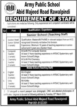 Army Public School In Rawalpindi Jobs For 2025-Apply Now