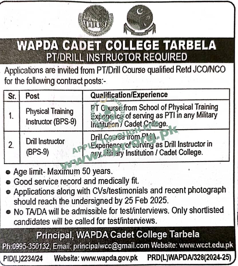 Wapda Cadet College Jobs in Tarbela for 2025-Apply Now