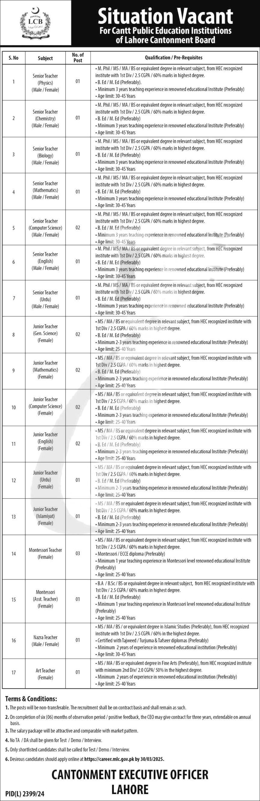 Cantonment Board Teaching Jobs Opportunities For 2025