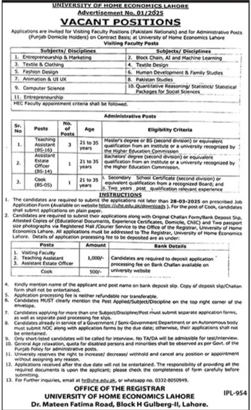 University Of Home Economics Jobs At Lahore 2025-Apply Now