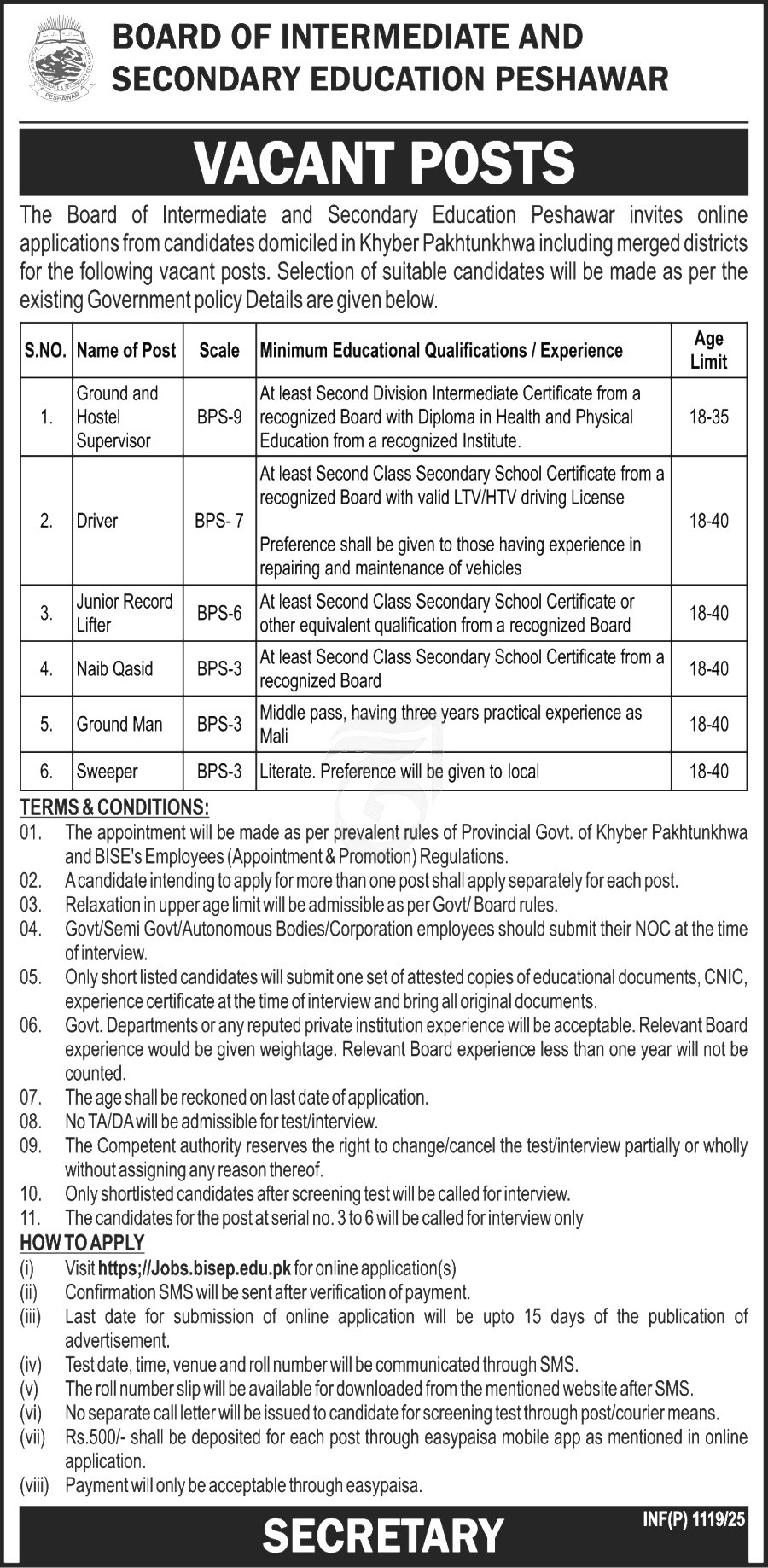 BISE Human Resource Jobs In Peshawar 2025
