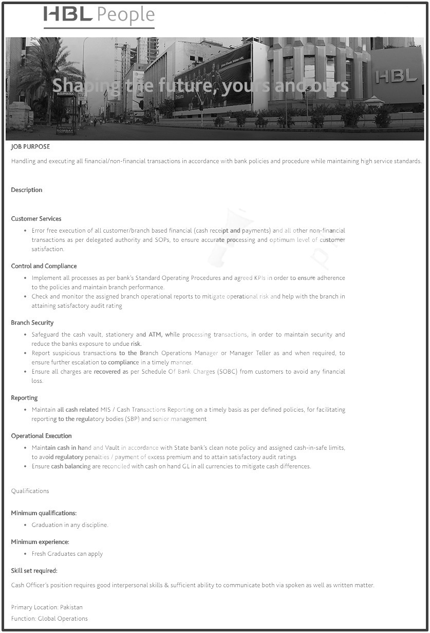 HBL Cash Officer Jobs 2025-Apply Online For Banking Careers