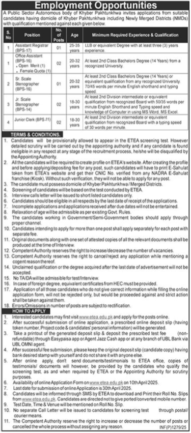 KPK Public Sector Organization Jobs 2025 via ETEA